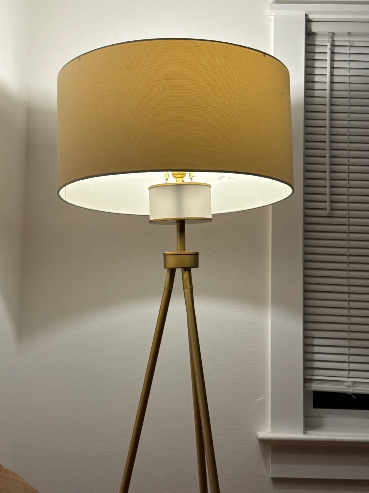 Brass Tripod Floor Lamp with Tan Shade