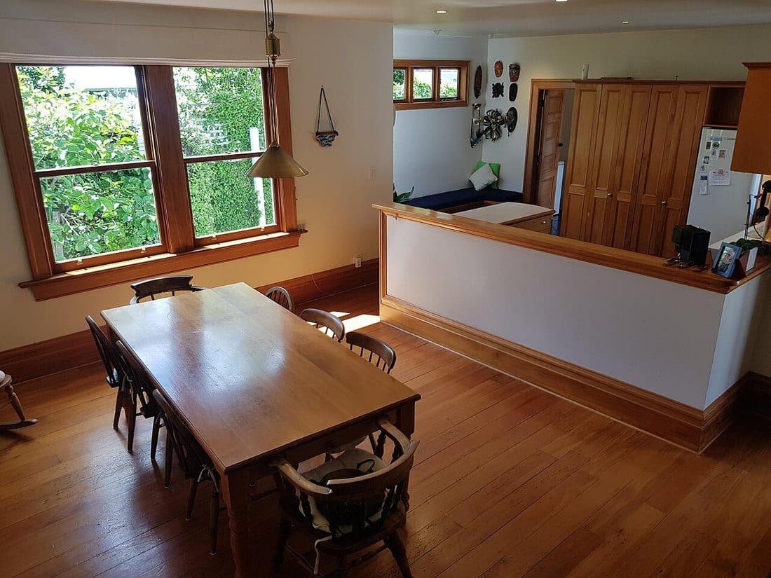Solid wood farmhouse dining table with 8 chairs